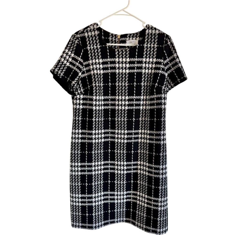 Calvin Klein Timeless Black & White Plaid Sheath Dress Office Workwear Large